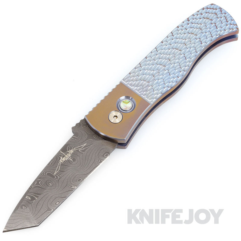 Pro-tech Knives CQC7 Blade Show West Emerson Auto Damascus Tanto Blade with Blue/Bronze "Jigged" Textured Titanium Handles/ Abalone