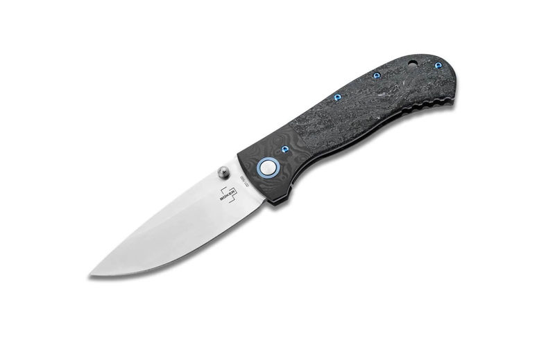 Boker Knives 01BO2024 Plus Collection 2024 Framelock Folder Thumbstud Magnacut Blade with Black Fat Carbon Handles Handles