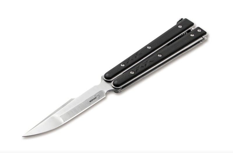 Boker Knives Boker Plus 06EX227 Balisong Tactical Compact/ Small Satin D2 Blade with Black G10 Handles Small Butterfly Knife