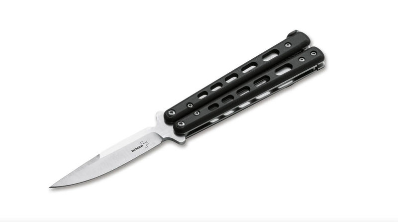Boker Knives Boker Plus 06EX226 Balisong Satin D2 Blade with Black G10 Handles Small Butterfly Knife