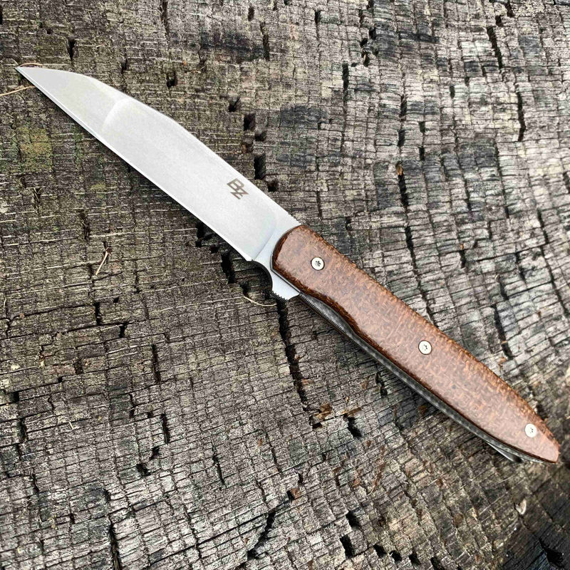 Brad Zinker Knives Silver Wharncliffe Linerlock Flipper with Natural Burlap Micarta/Satin Blade