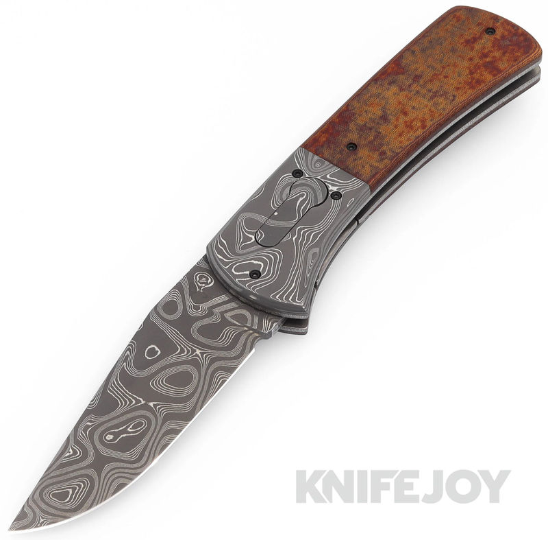 Rainy Day Knives Model 3A #1 Auto Knife Nichols Yield Stainless Damascus Blade with Vintage Linen Micarta Handles