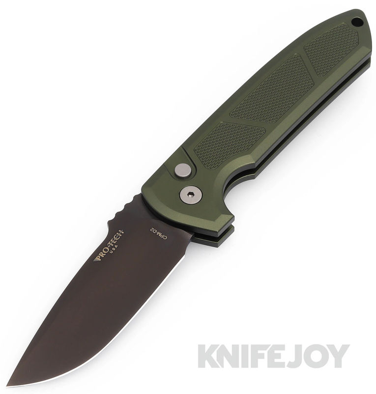 Pro-tech Knives PTLG327-GREEN Rockeye Auto Smoky Grey DLC CPM-D2 Plain Edge Blade with Textured Green Aluminum Handles
