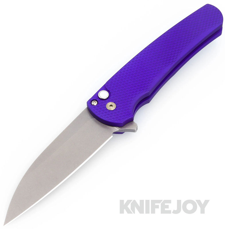 Pro-tech Knives PT-2024TEXMALIBU-PURPLE Malibu Flipper Stonewash Wharncliffe Blade with Purple Textured Handles/ MOP Button