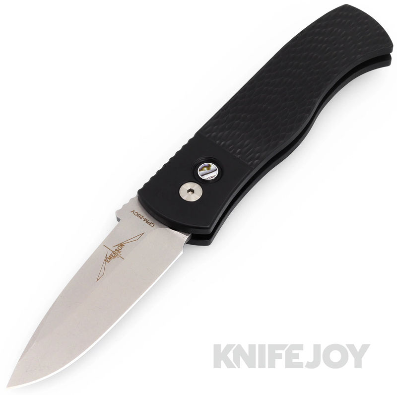 Pro-tech Knives CQC7A 2024 Texas Blade Show Emerson Auto Stonewash 20CV Spearpoint Blade with Black "Jigged" Textured Titanium Handles/ Abalone Push Button