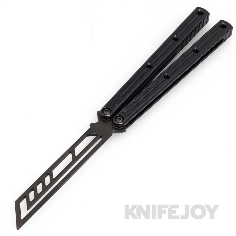 Squid Industries Knives Inked Black Krake Raken Trainer V3 Balisong Butterfly Black Tanto Blade with Black Aluminum Handles