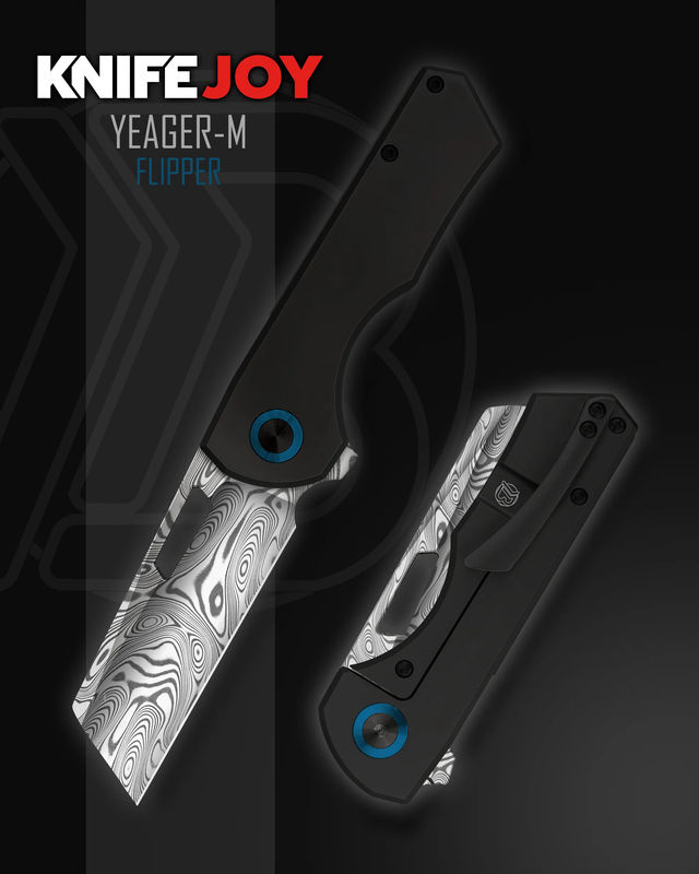 Brian Brown Knives Yeager-M Flipper KnifeJoy Exclusive Damasteel Blade with PVD Black Handles and Blue Ano Pivot