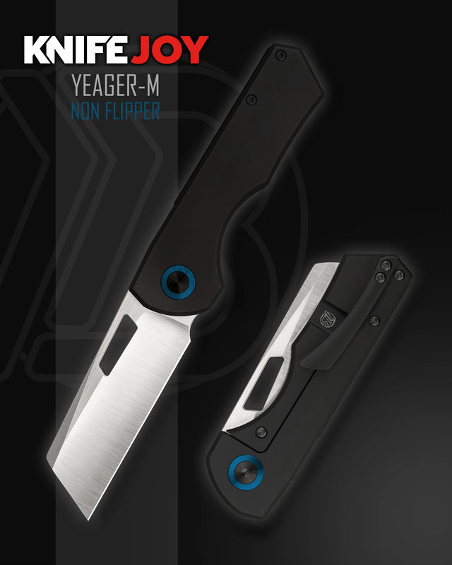 Brian Brown Knives Yeager-M NON-Flipper KnifeJoy Exclusive Satin Blade with PVD Black Handles and Blue Ano Pivot Collar