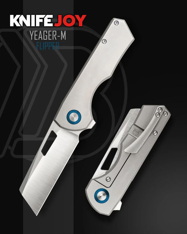 Brian Brown Knives Yeager-M Flipper KnifeJoy Exclusive Titanium Handles and Blue Ano Pivot Collar