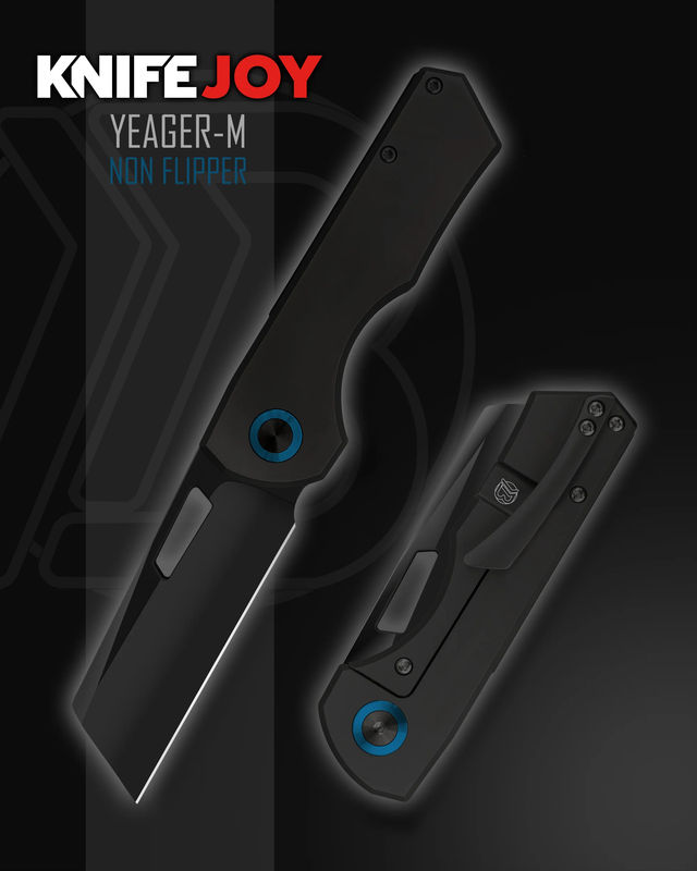 Brian Brown Knives Yeager-M NON-Flipper KnifeJoy Exclusive Black PVD Blade with Black PVD Handles and Blue Ano Pivot Collar