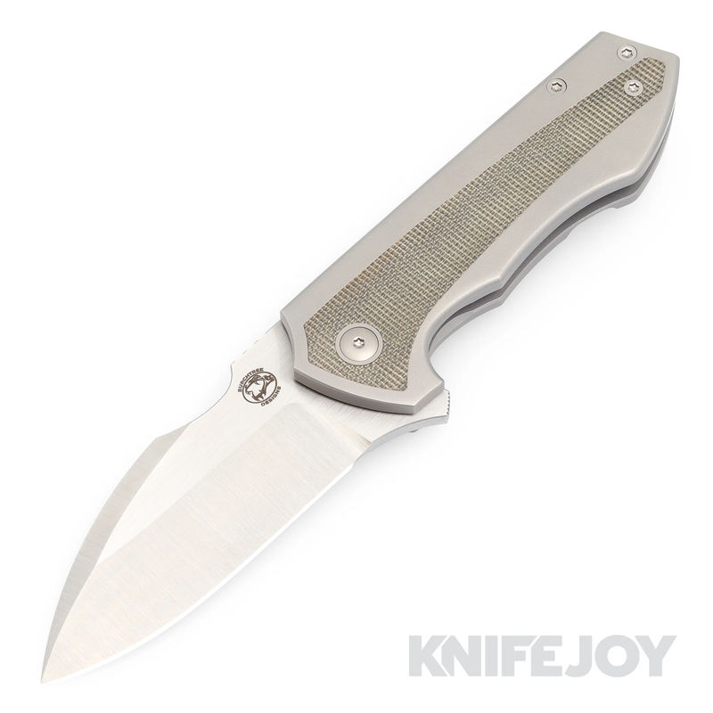 Burchtree Bladeworks Euclid M390 Satin Drop Point Blade with Green Canvas Micarta Inlay Titanium Handles