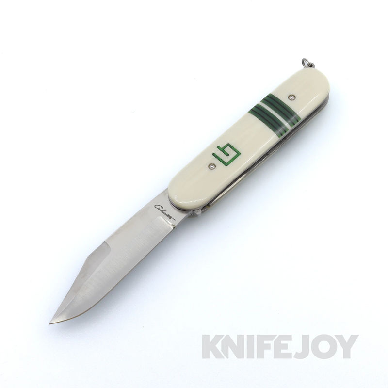 Chuck Gedraitis Custom Knives Switch Army Switchblade Knife AEB-L Clip Point Blade with White G10 Scales / Vintage Double Black and Green Paper Micarta Accents / Ti Liners and Hardware