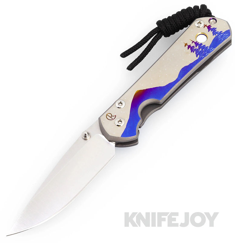 Chris Reeve Knives Small Sebenza 31 Drop Point Magnacut Blade with Unique Graphic Design/ Titanium Handles/ Cabochon Mother of Pearl White