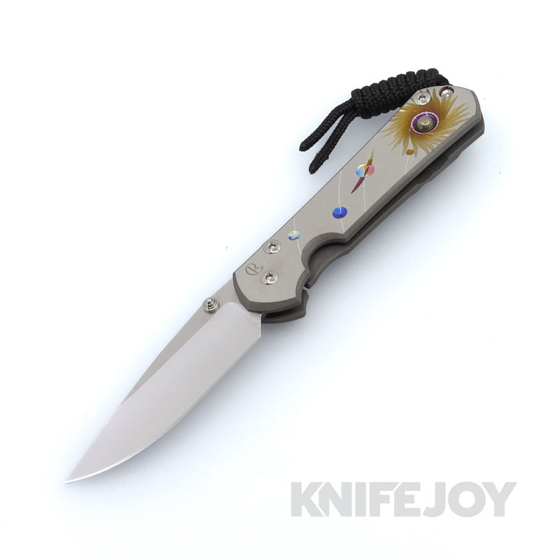 Chris Reeve Knives Large Sebenza 31 Drop Point Magnacut Blade with Solar System Unique Graphic Handles and Pyrite Accent