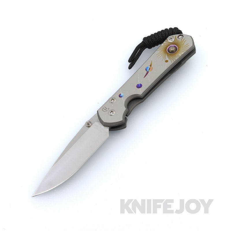 Chris Reeve Knives Large Sebenza 31 Drop Point Magnacut Blade with Solar System Unique Graphic Handles and Pyrite Accent