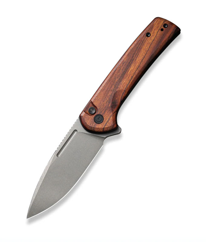 We Knife - Civivi Conspirator Pocket Knife Button Lock/Flipper Opener- Cuibourtia Wood Handle with Gray Stonewashed Blade