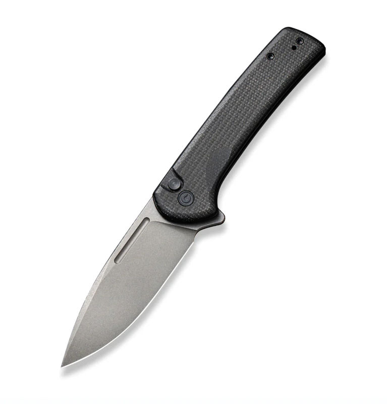 We Knife - Civivi Conspirator Pocket Knife Button Lock/Flipper Opener -Black Micarta Handle with Gray Stonewashed Blade