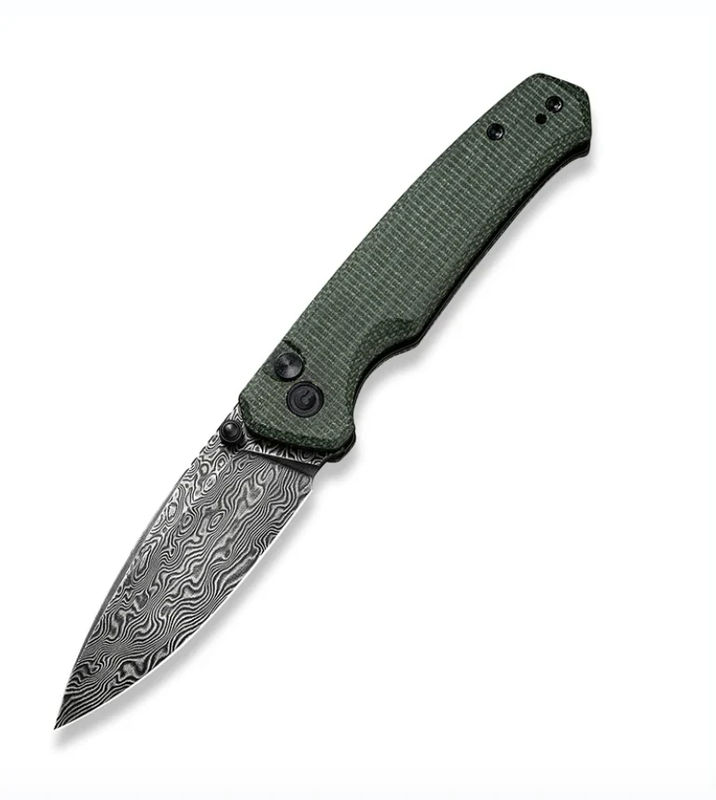 We Knife -CIVIVI Altus Button Lock Folding Knife Black Hand Rubbed Damascus Blade with Green Micarta Handles