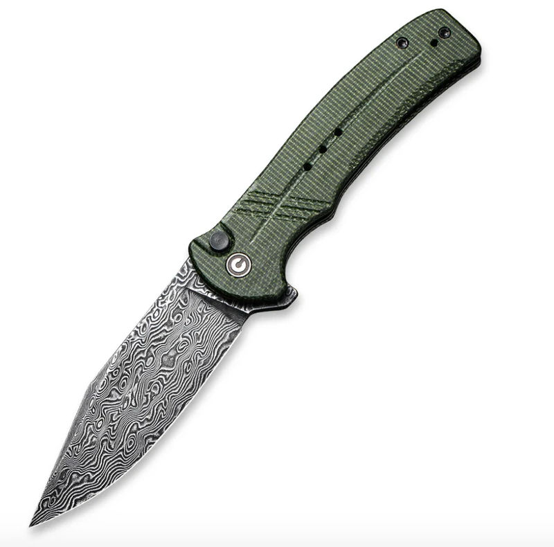 We Knife -CIVIVI Cogent Damascus Blade with Green Micarta Handle Button Lock Flipper