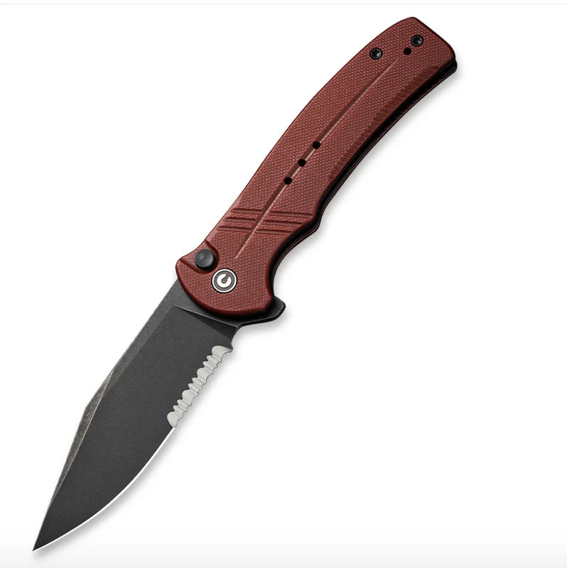 We Knife -CIVIVI Cogent Black Stonewashed Partially Serrated Blade with Burgundy G10 Handle Button Lock Flipper