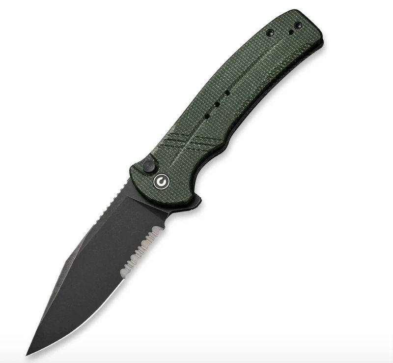 We Knife -CIVIVI Cogent Black Stonewashed Partially Serrated Blade with Green Micarta Handle Button Lock Flipper