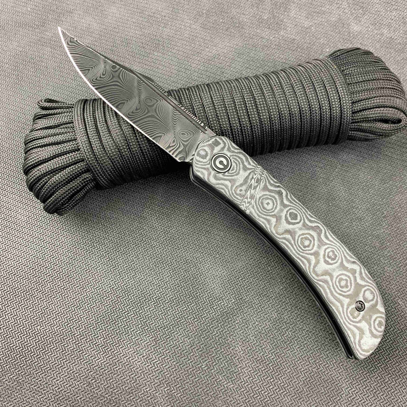 We Knife - CIVIVI Appalachian Drifter Layered Gray G10 and Rose Pattern Carbon Fiber Handle Black Hand Rubbed Damascus Blade