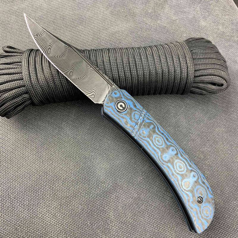 We Knife - CIVIVI Appalachian Drifter Layered Blue G10 and Rose Pattern Carbon Fiber Handle Black Hand Rubbed Damascus Blade