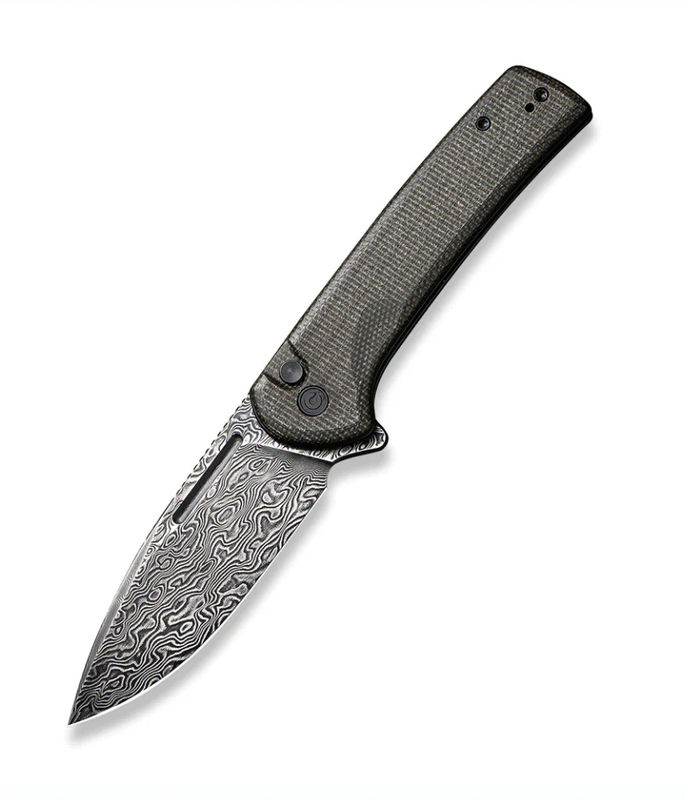 We Knife - Civivi Conspirator Pocket Knife Button Lock/Flipper Opener-Dark Green Micarta Handle with Black Hand Rubbed Damascus Blade