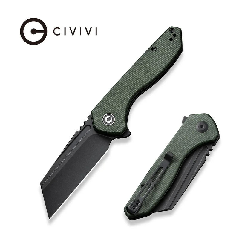 We Knife - CIVIVI ExOne Liner Lock Flipper Black Stonewash Nitro-V Blade with Green Canvas Micarta Handles