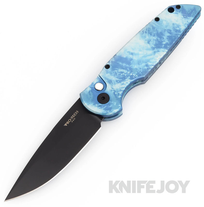 Pro-tech Knives TR 3 KnifeJoy Exclusive Auto with Black DLC 154CM Clip Point Blade with "Frostbite" Custom Anodized Aluminum Handles/ MOP Button/ Black Hardware/ Blue Titanium Clip - Scratch & Dent