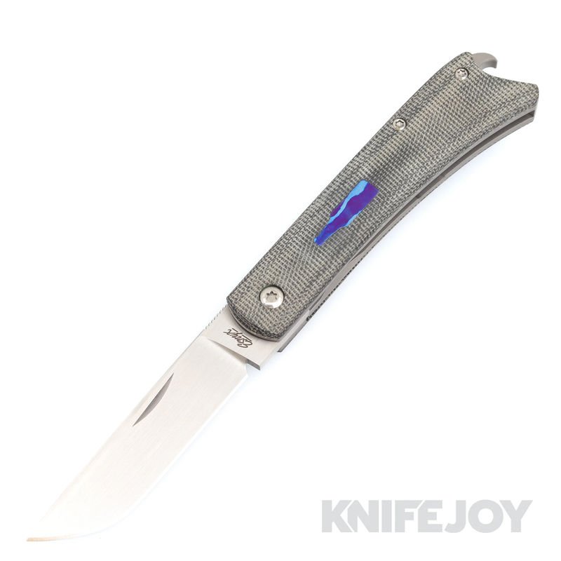 Esnyx Silver Line Beer Buster Front Flipper Hand Rubbed Satin Finish Blade with Black Micarta Handles/ Mokuti Bottle Shield/ Bead Blast Clip