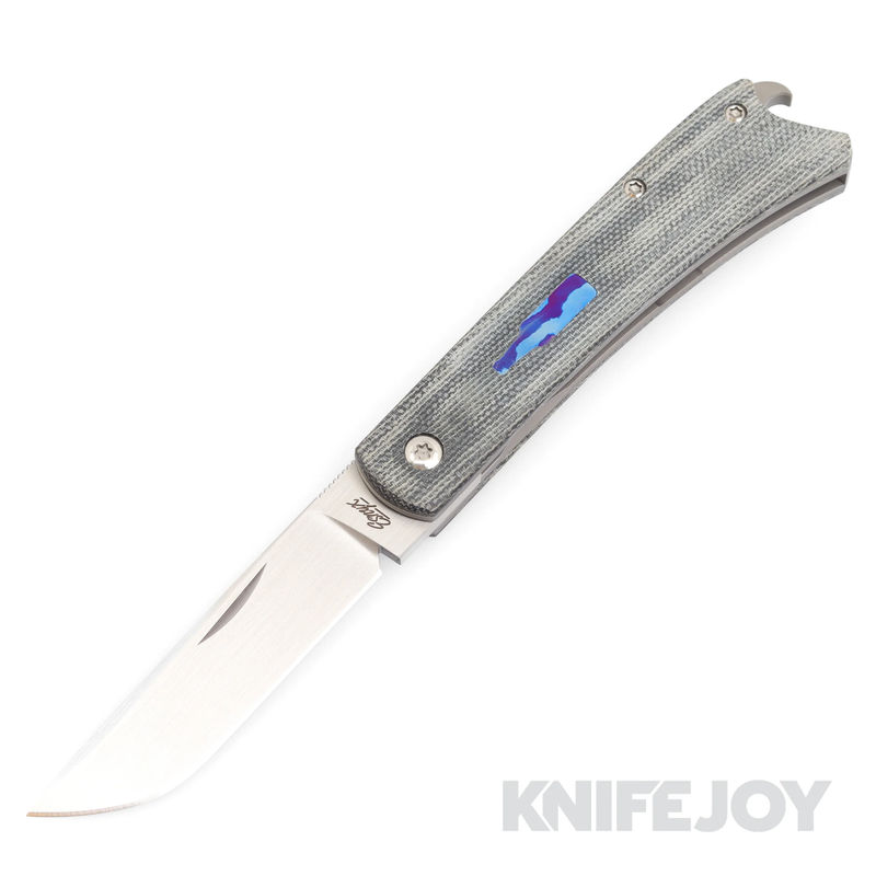 Esnyx Silver Line Beer Buster Front Flipper Hand Rubbed Satin Finish Blade with Blue Micarta Handles/ Mokuti Bottle Shield/ Bead Blast Clip