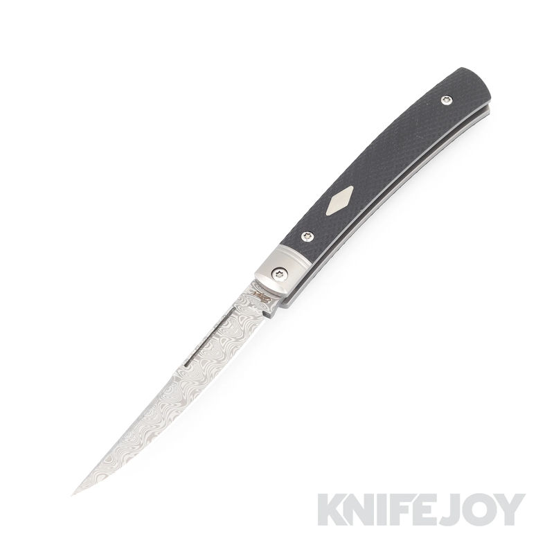 Esnyx Silver Line Barracuda Slipjoint Damasteel Etched Finish Blade and Bead Blast Titanium Liners with Integral Bolsters, Black G-10 Textured Handles with Satin Diamond Inlay