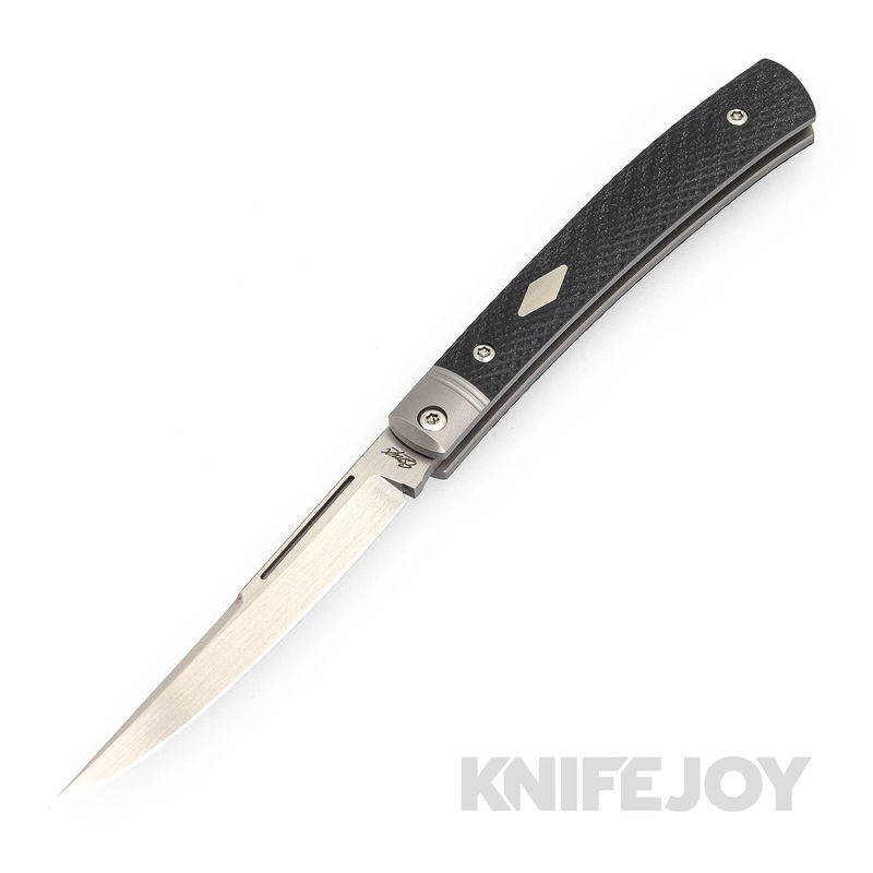 Esnyx Silver Line Barracuda Slipjoint M390 Hand Rubbed Satin Finish Blade and Bead Blast Titanium Liners with Integral Bolsters, Black G-10 Textured Handles with Satin Diamond Inlay