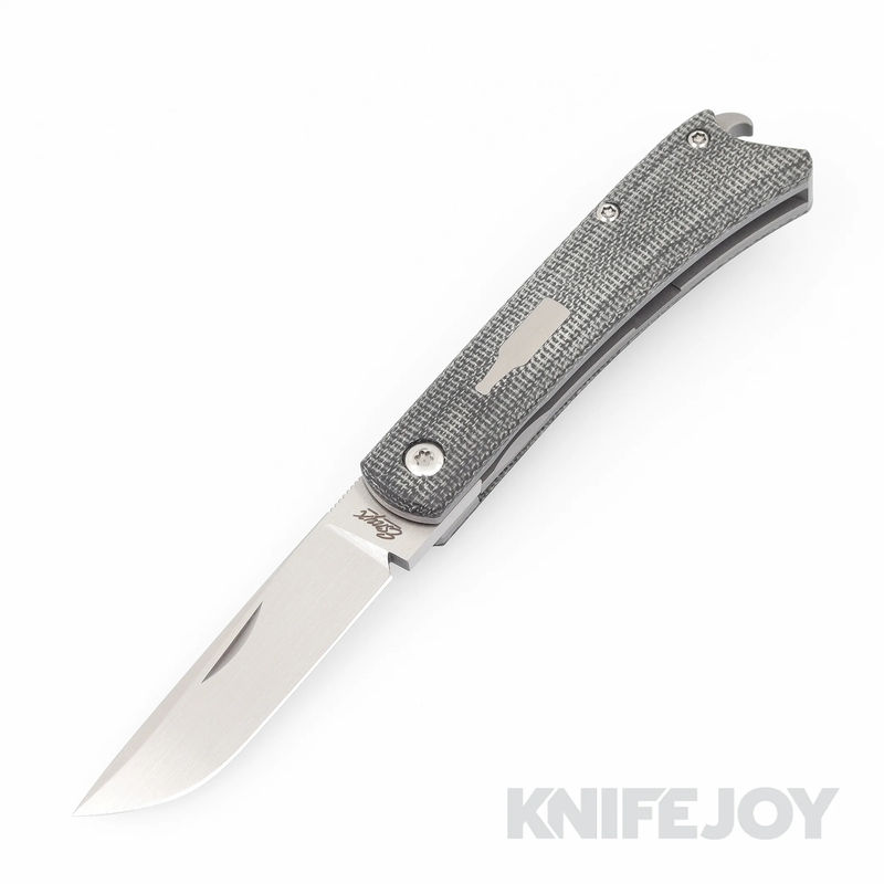 Esnyx Silver Line Beer Buster Jr. Front Flipper M390 Hand Rubbed Satin Finish Blade with Bead Blast Titanium/ Black Micarta Handles/ Blasted Titanium Bottle with BB Clip