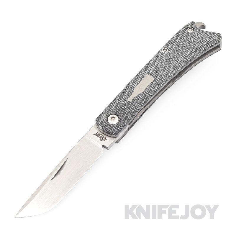 Esnyx Silver Line Beer Buster Jr. Front Flipper M390 Hand Rubbed Satin Finish Blade with Bead Blast Titanium/ Black Micarta Handles/ Blasted Titanium Bottle with Mokuti Clip
