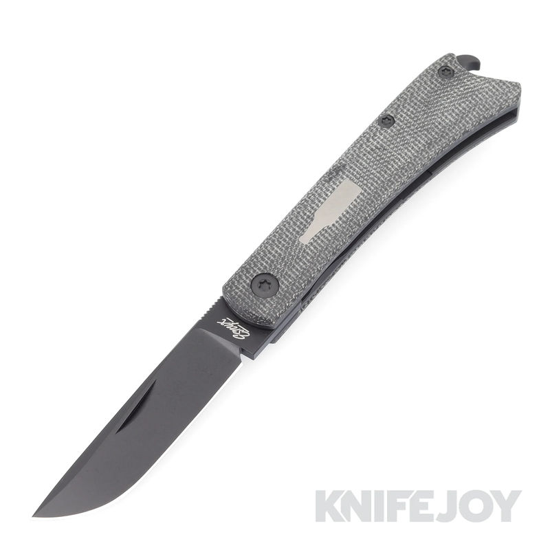 Esnyx Silver Line Beer Buster Jr. Front Flipper M390 Black PVD Finish Blade with Black PVD Titanium/ Black Micarta Handles/ Blasted Titanium Bottle with Mokuti Clip