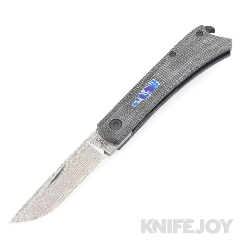Esnyx Silver Line Beer Buster Jr. Front Flipper Damasteel Etched Finish Blade with Black PVD Titanium/ Black Micarta Handles/ Mokuti Titanium Bottle with Mokuti Clip