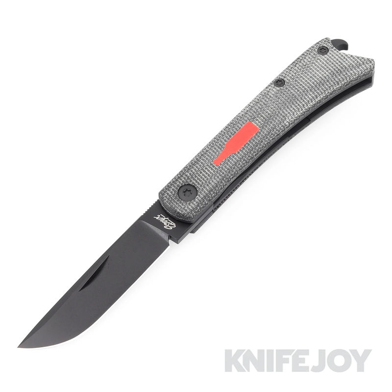 Esnyx Silver Line Beer Buster Jr. Front Flipper M390 Black PVD Finish Blade with Black PVD Titanium/ Black Micarta Handles/ Red G10 Bottle with Mokuti Clip