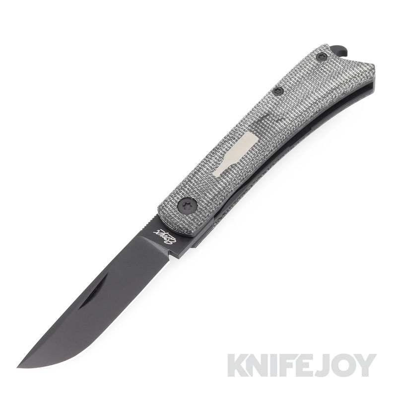 Esnyx Silver Line Beer Buster Jr. Front Flipper M390 Black PVD Finish Blade with Black PVD Titanium/ Black Micarta Handles/ Blasted Titanium Bottle with PVD Clip
