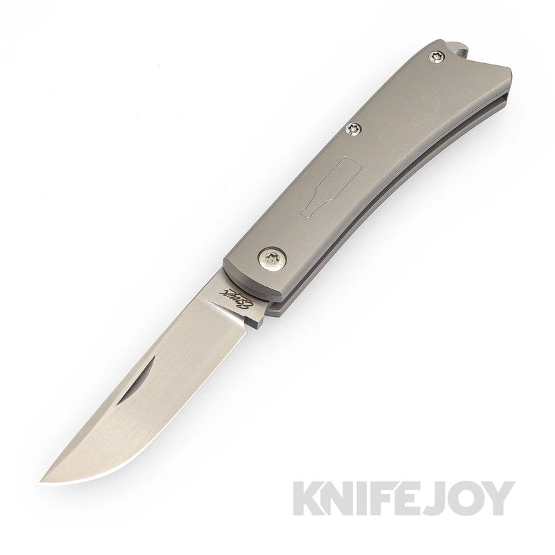 Esnyx Silver Line Beer Buster Jr. Slipjoint M390 Hand Rubbed Satin Blade and a Bead Blast Titanium Handle with a Laser Engraved Titanium Bottle
