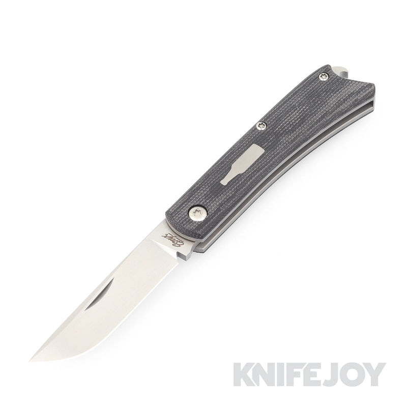 Esnyx Silver Line Beer Buster Jr. Slipjoint M390 Hand Rubbed Satin Blade and a Bead Blast Titanium, Black Micarta Inlay Handle with a Blasted Titanium Bottle Inlay
