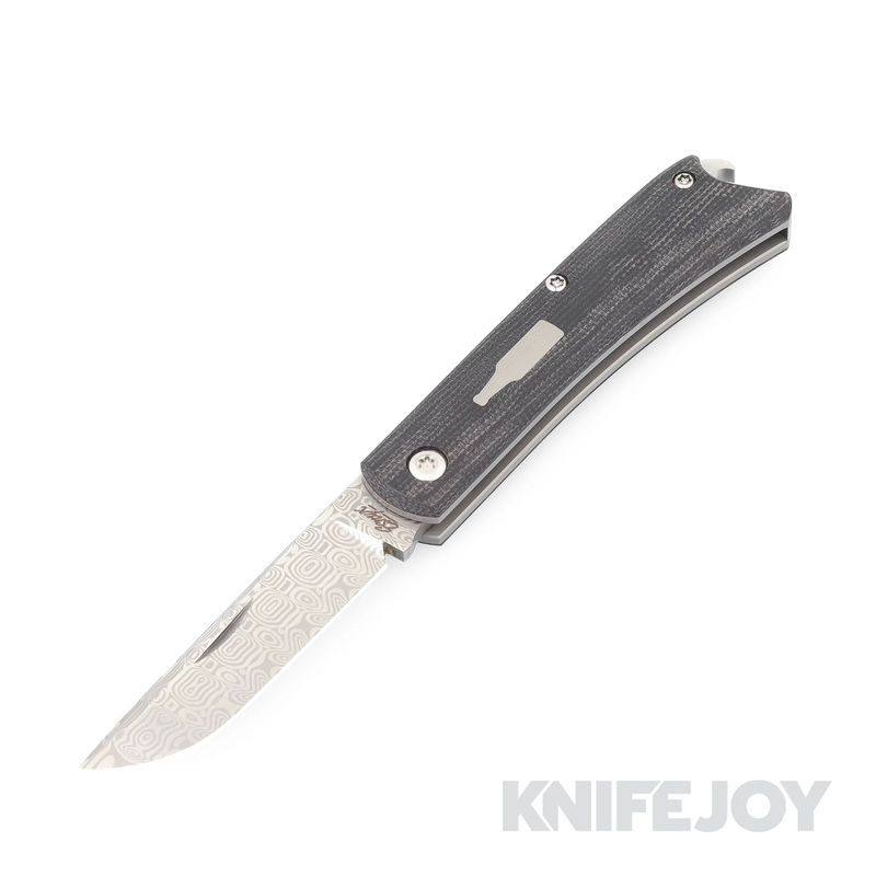 Esnyx Silver Line Beer Buster Jr. Slipjoint Damasteel Etched Finish Blade and a Bead Blast Titanium, Black Micarta Inlay Handle with a Blasted Titanium Bottle Inlay