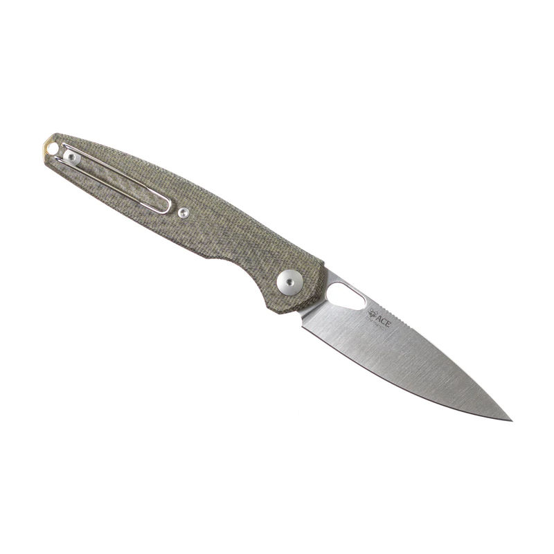 GiantMouse Knives Vox/Anso ACE REO Linerlock Knife Stonewash Magnacut Blade with Green Canvas Micarta Handles