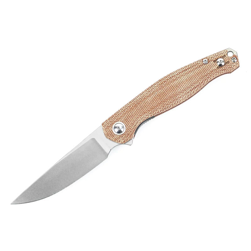GiantMouse Knives Vox/Anso ACE Sonoma V2 Linerlock Knife Stonewash Elmax Blade with Natural Canvas Micarta Handles