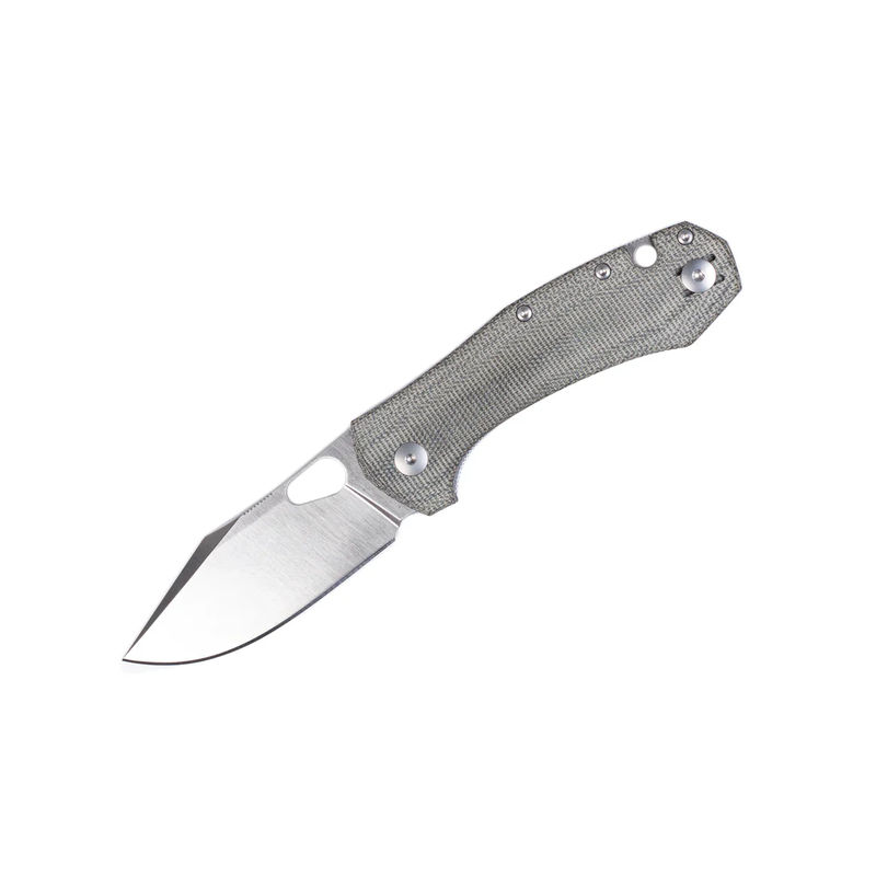 GiantMouse Knives Vox/Anso ACE Atelier Linerlock Knife Satin Elmax Blade with Green Canvas Micarta Handles