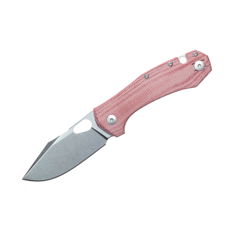 GiantMouse Knives Vox/Anso ACE Atelier Linerlock Knife Satin Elmax Blade with Red Canvas Micarta Handles