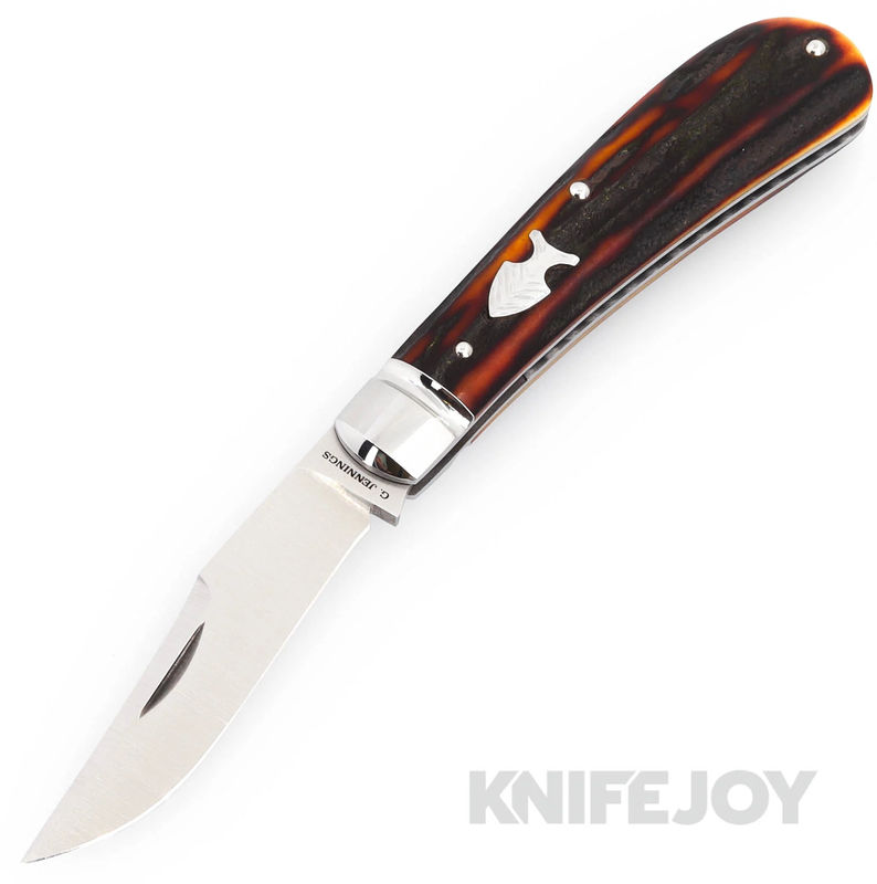 Grayson Jennings Custom Knives Trapper SlipJoint Magnacut Blade with Amber Sambar Stag Handles