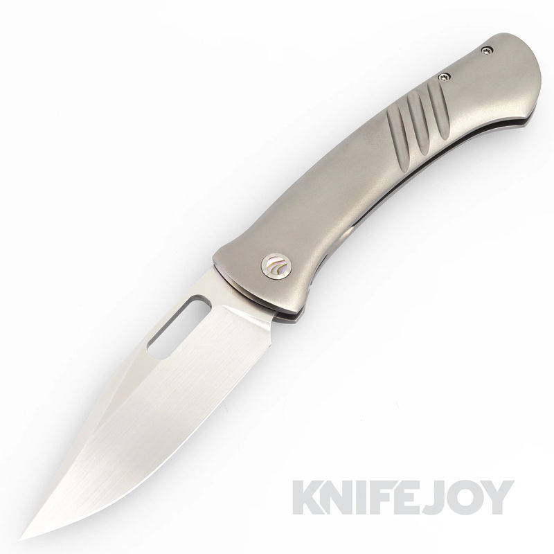 Foster SO CAL Knives Custom Swordfish Framelock Folder Hand Rubbed CPM 154 Clip Point Blade with Zirblasted Contoured Titanium Handles/ Carved Black Timascus Clip