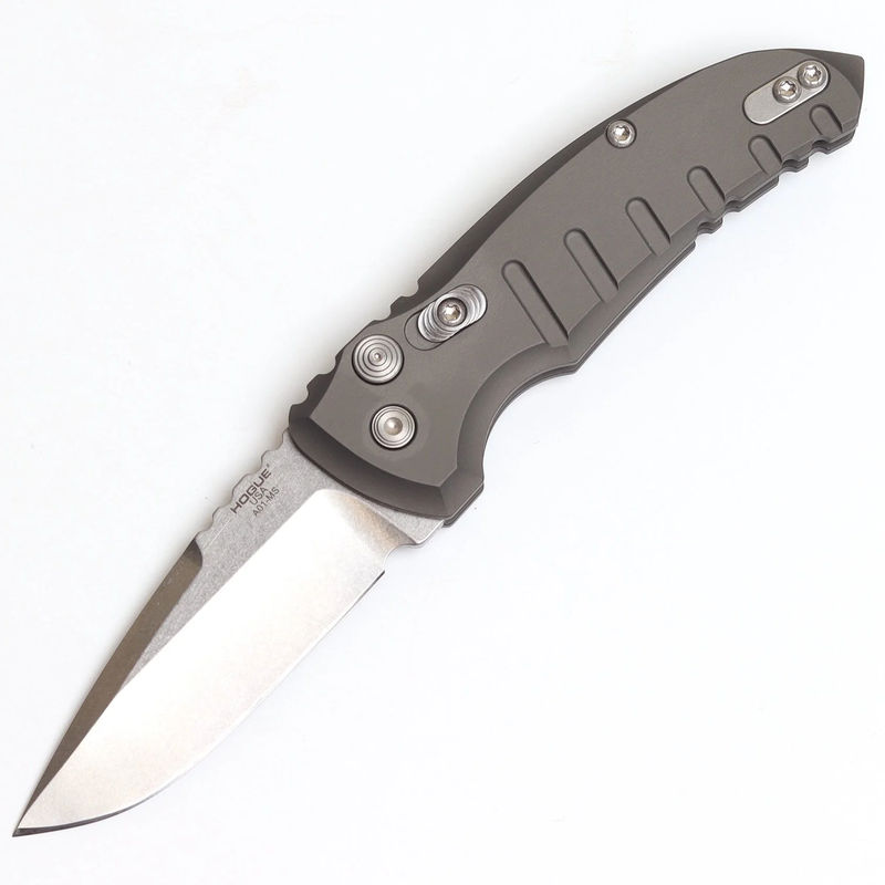 Hogue HOGK24112 A01-Microswitch Automatic Folder Tumbled Drop Point Blade with Matte Grey Aluminum Frame